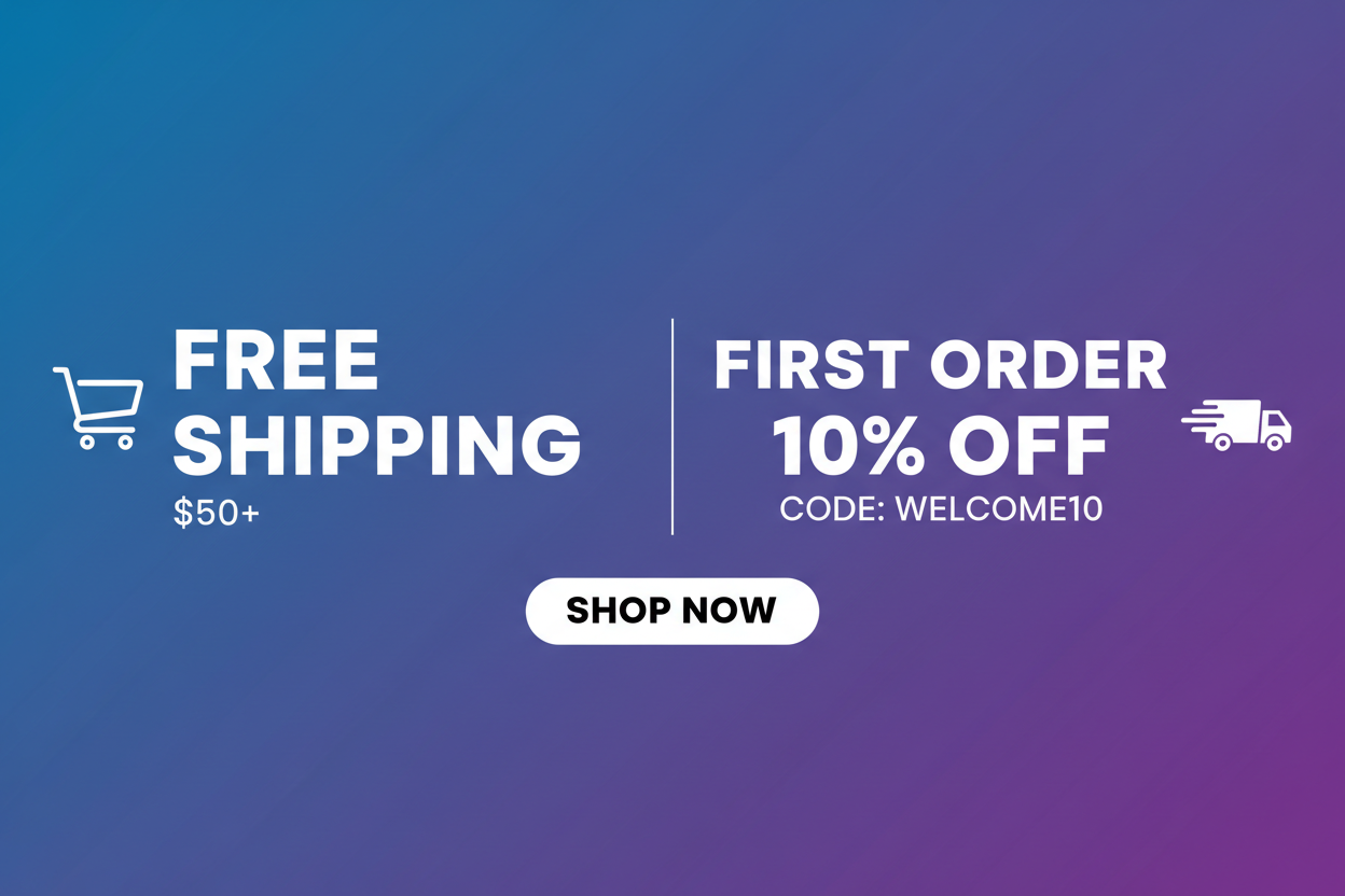 Promotional banner with free shipping and first order discount