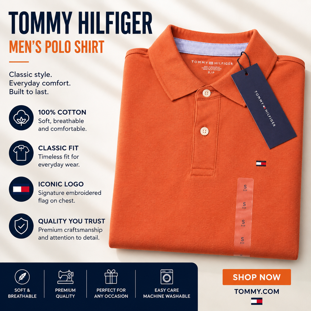 NWT Tommy Hilfiger Men's Polo Shirt Orange Coral Short Sleeve Logo Cotton Small