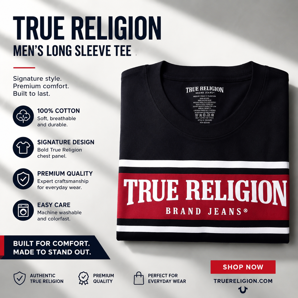 NWT True Religion Men's Long Sleeve Tee Shirt Black Red Logo Graphic 100% Cotton