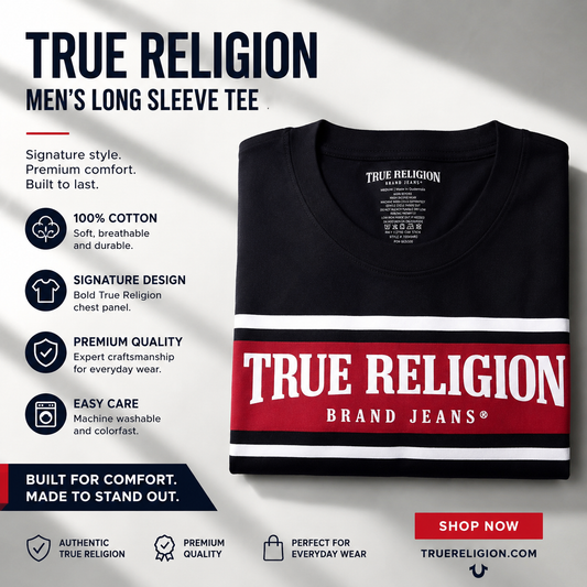 NWT True Religion Men's Long Sleeve Tee Shirt Black Red Logo Graphic 100% Cotton
